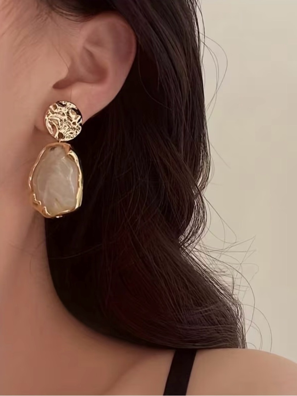 Gold and Cream Stone Drop Earrings
